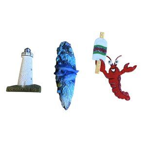 Vtg Refrigerator Magnets 3 Assorted Magnets Lighthouse, Surf Board & Lobster